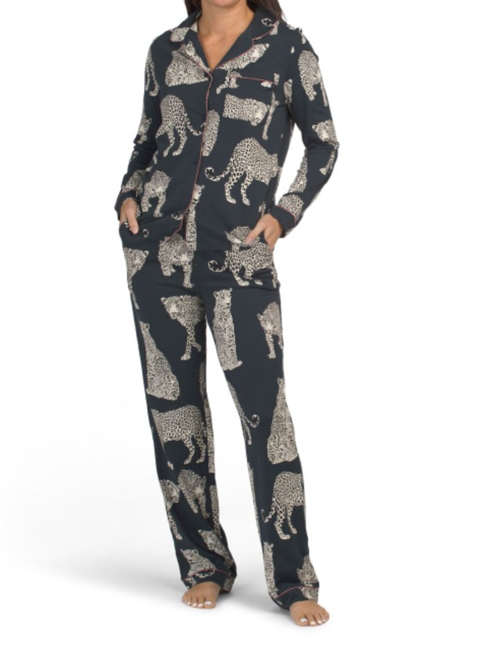 CHELSEA PEERS 2pc Organic Cotton Leopard Print Notch Collar Shirt And Pants Set